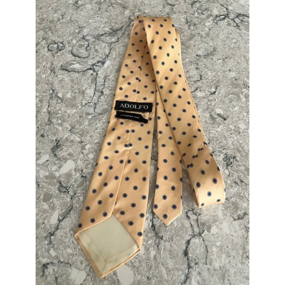 Vintage Adolfo 100% Imported Silk Men's Neck Tie Yellow w Blue Dots JL